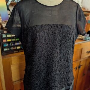 ANN TAYLOR Vintage 1990's Black Embroidered Lace Dress Short Sleeve